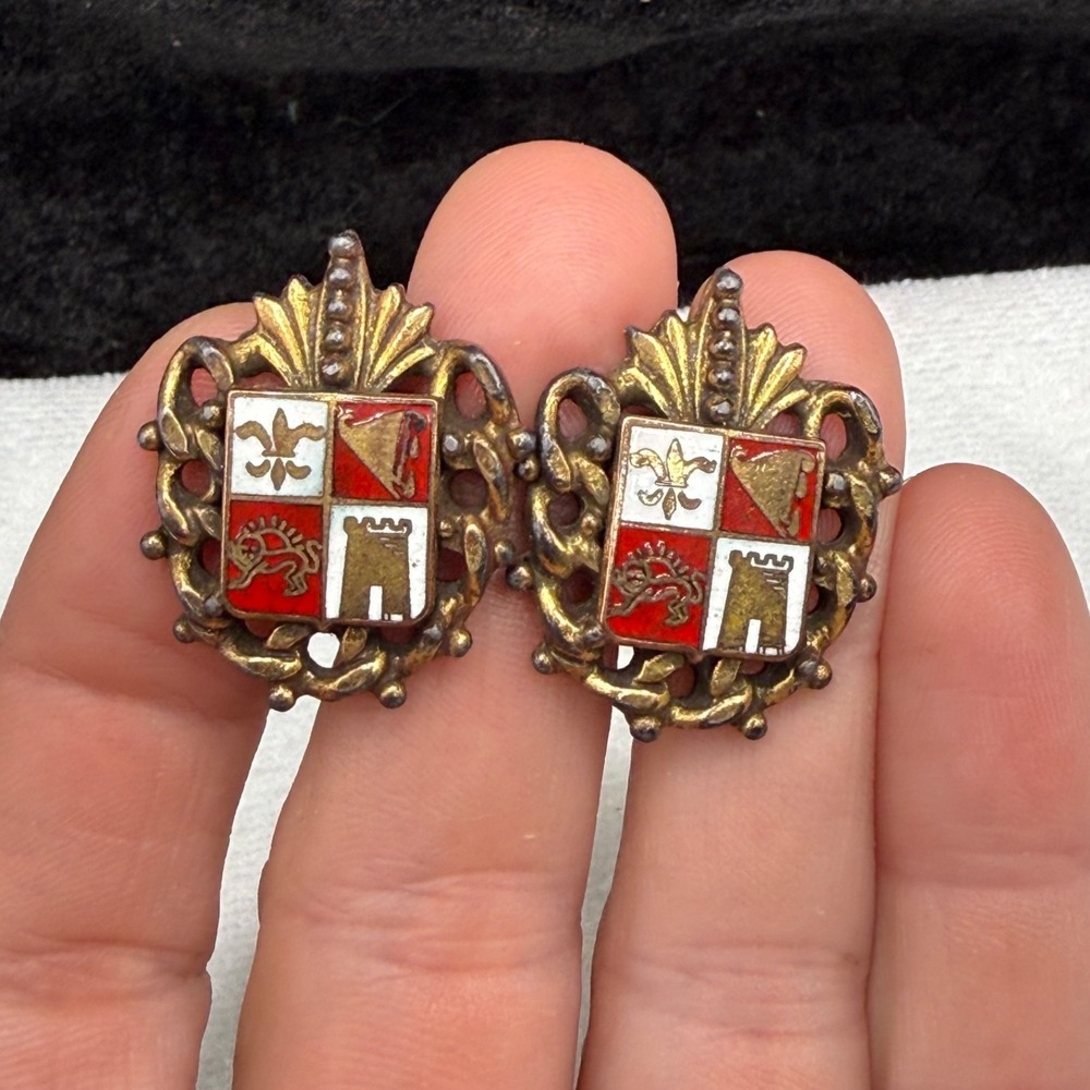 Vintage Coat of Arms Screw‎ Back Earrings Enamel Gold Tone Heraldic Shield
